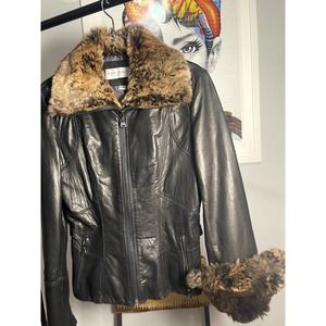 Andrew Marc Vintage Womens Black and Brown Jacket with Faux Fur